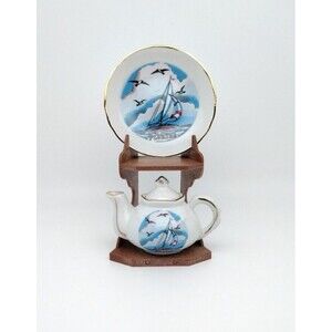 VTG Signed Mini Teapot And Saucer Florida Nautical Stand Stars Gold Gild Japan